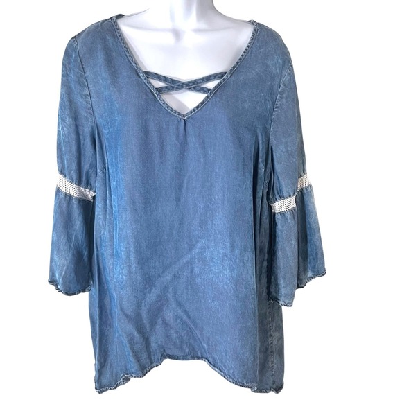 New Directions Chambray Blouse Criss Cross V-Neck, Bell Sleeves Lace Trim L - Picture 1 of 7